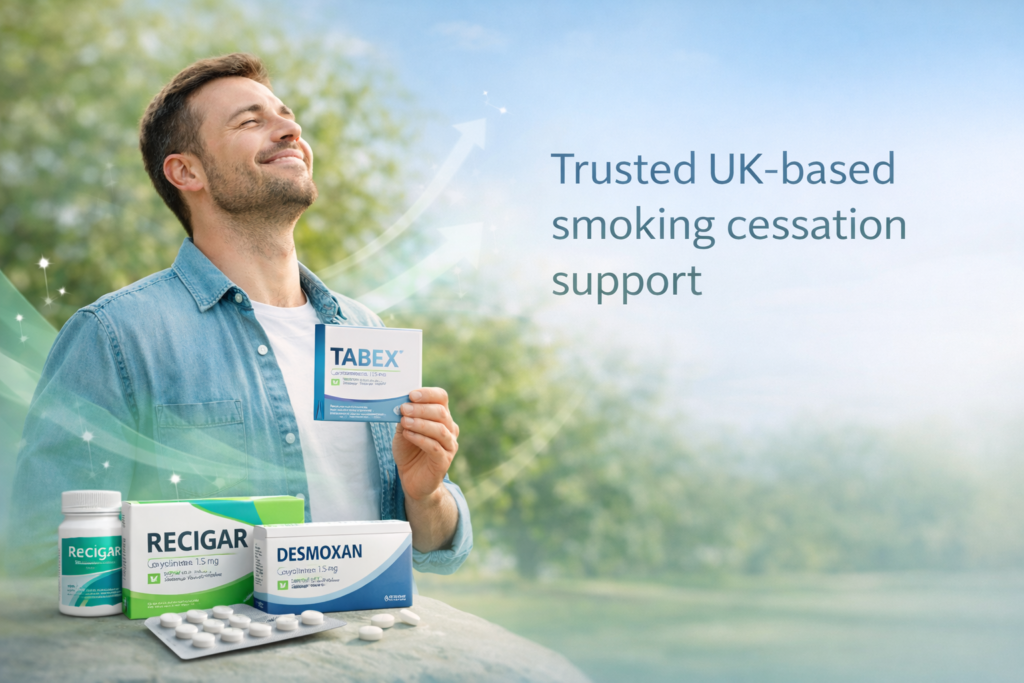 Happy adult holding Tabex nicotine-free quitting tablet outdoors, with Recigar and Desmoxan products in the foreground, representing trusted UK-based smoking cessation support